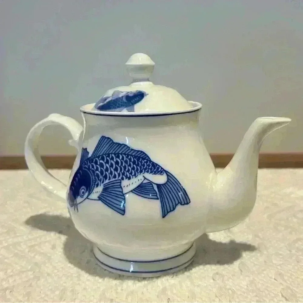 Chang’s White Jade Porcelain Blue Koi Teapot